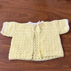 Handmade Yellow Crochet Baby Cardigan with White Trim